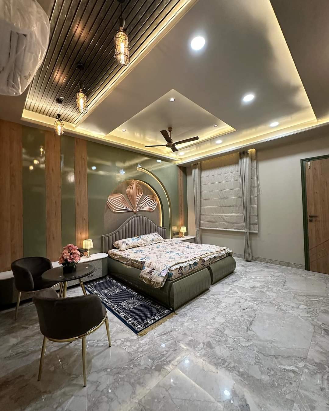 Interior bedroom with false ceiling and premium flooring